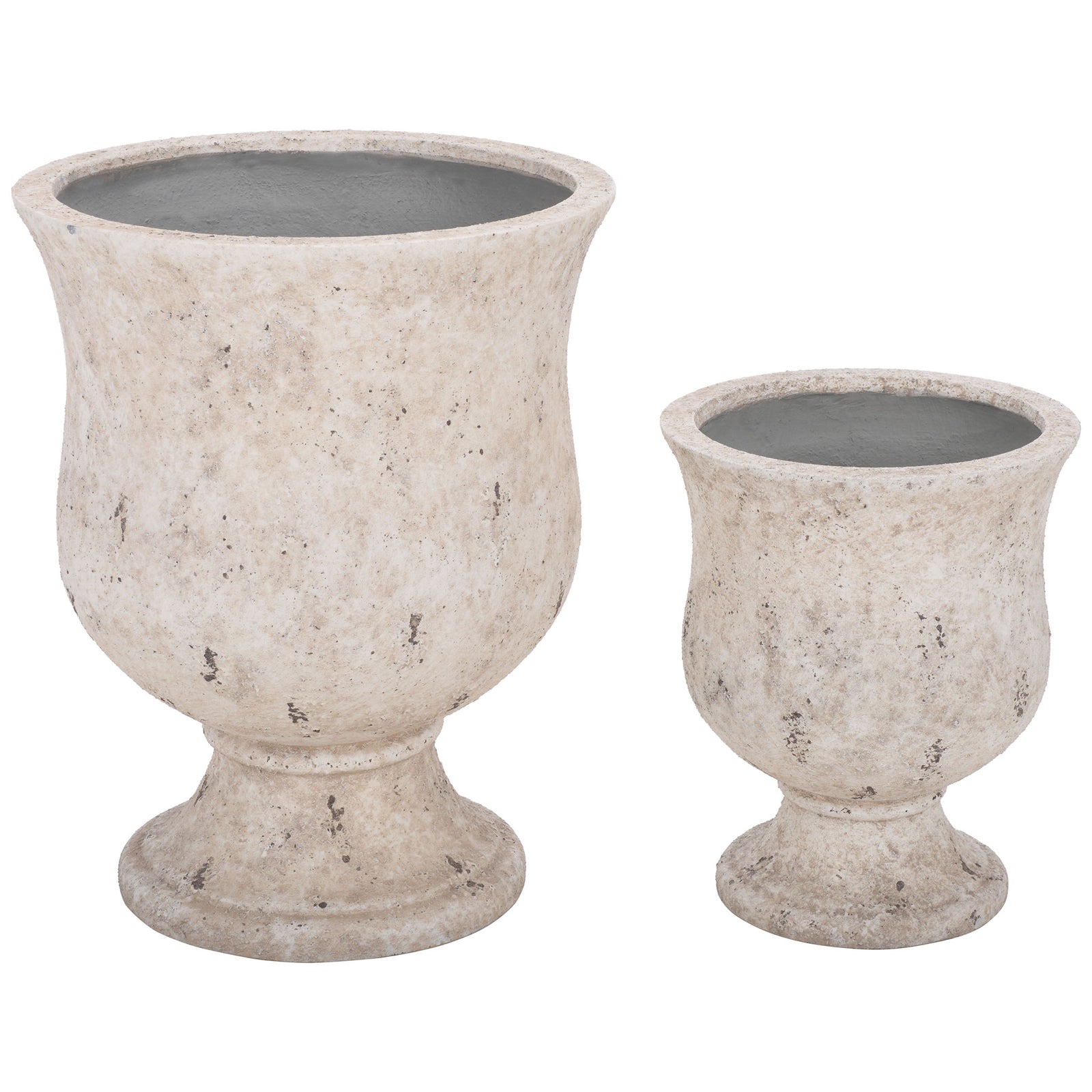 Matching antique white urn planters offer two sizes for a layered garden display || PAT1547B || front_series_studio