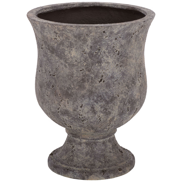 Large antique brown urn planter balances a rounded bowl on a sculpted pedestal || PAT1548A || front_studio