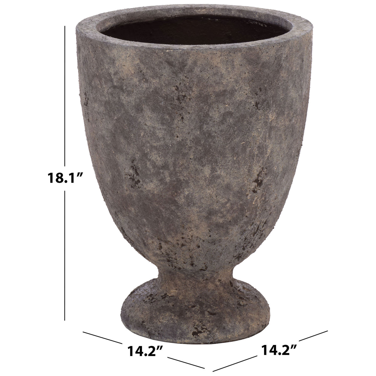 This antique brown pedestal planter measures 14.2 inches across and 18.1 inches tall.