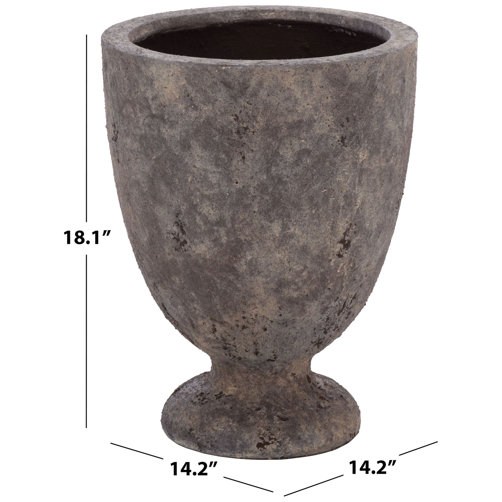 This antique brown pedestal planter measures 14.2 inches across and 18.1 inches tall. || PAT1549A || dimension_studio