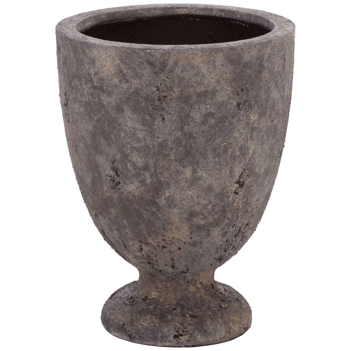 An antique brown urn planter pairs a rounded bowl with a flared pedestal base. || PAT1549A || front_studio