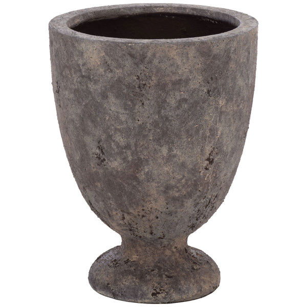 An antique brown urn planter pairs a rounded bowl with a flared pedestal base. || PAT1549A || front_studio