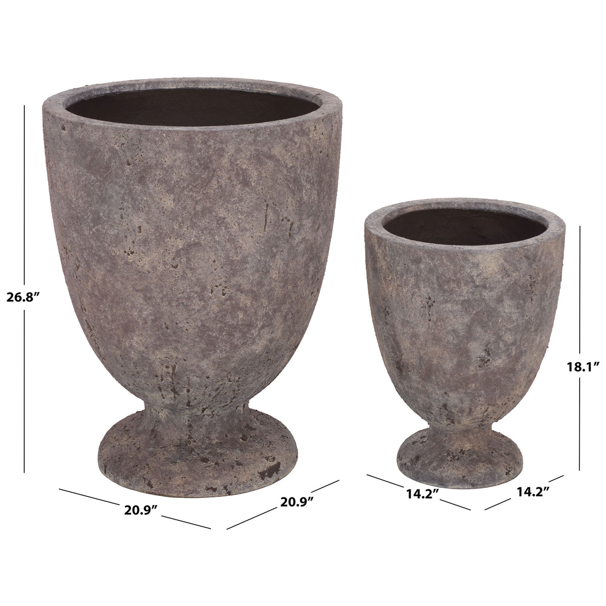 Antique brown planters offer 14.2- and 20.9-inch widths and 18.1- and 26.8-inch heights. || PAT1549A || dimension_studio