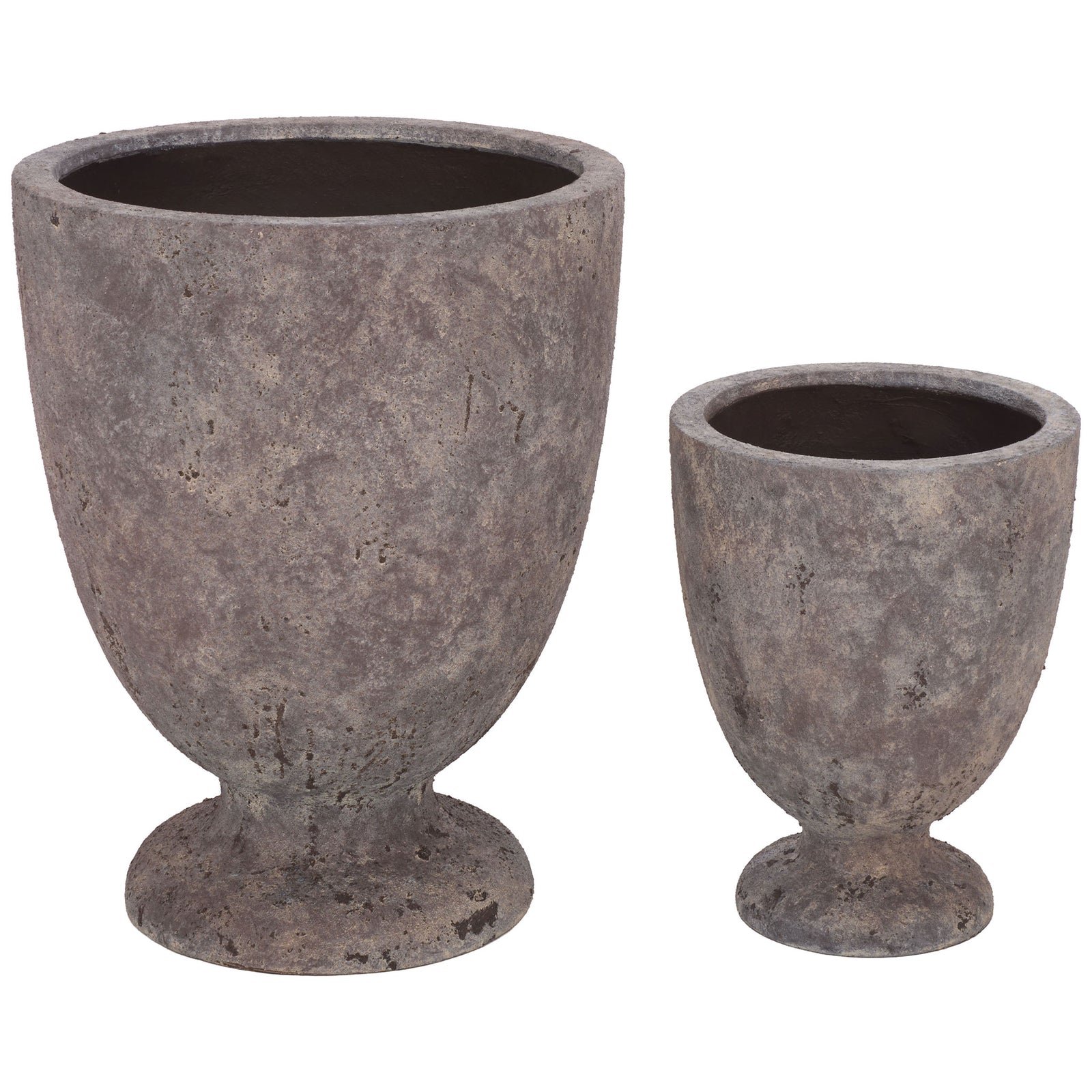 Two antique brown planter sizes share rounded urn bowls and sculpted pedestal bases. || PAT1549A || front_series_studio