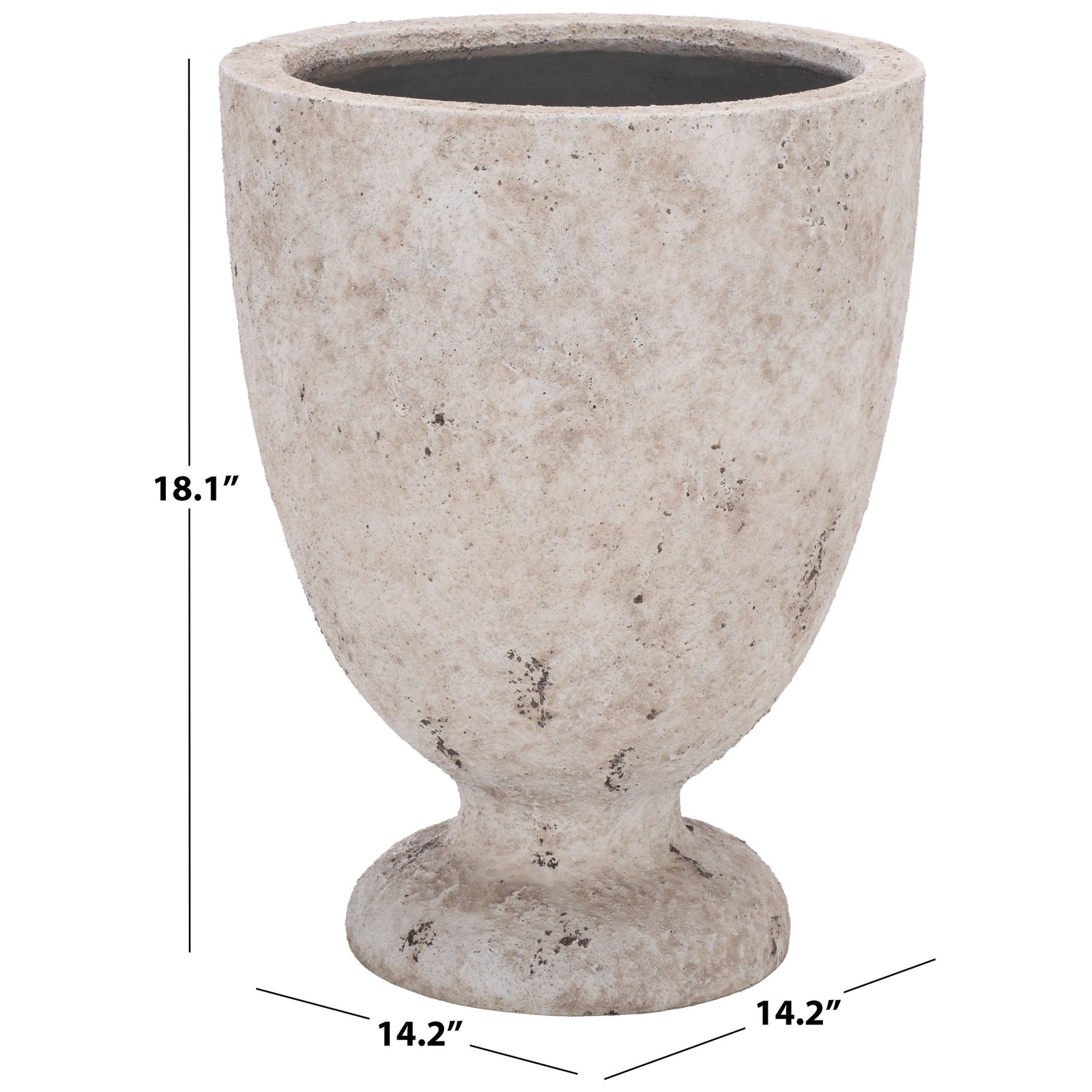 This antique white pedestal planter measures 14.2 inches across and 18.1 inches tall. || PAT1549B || dimension_studio