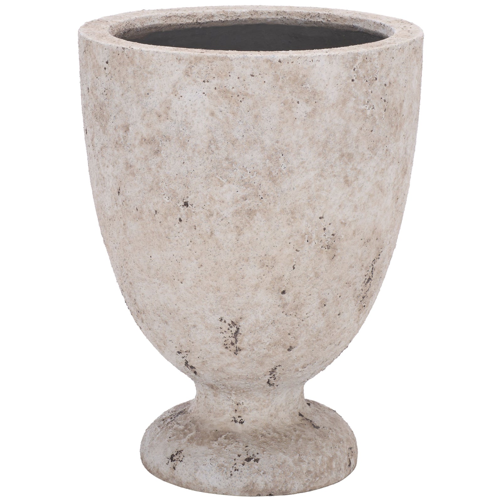 A softly curved antique white urn planter rests on a flared pedestal base. || PAT1549B || front_studio