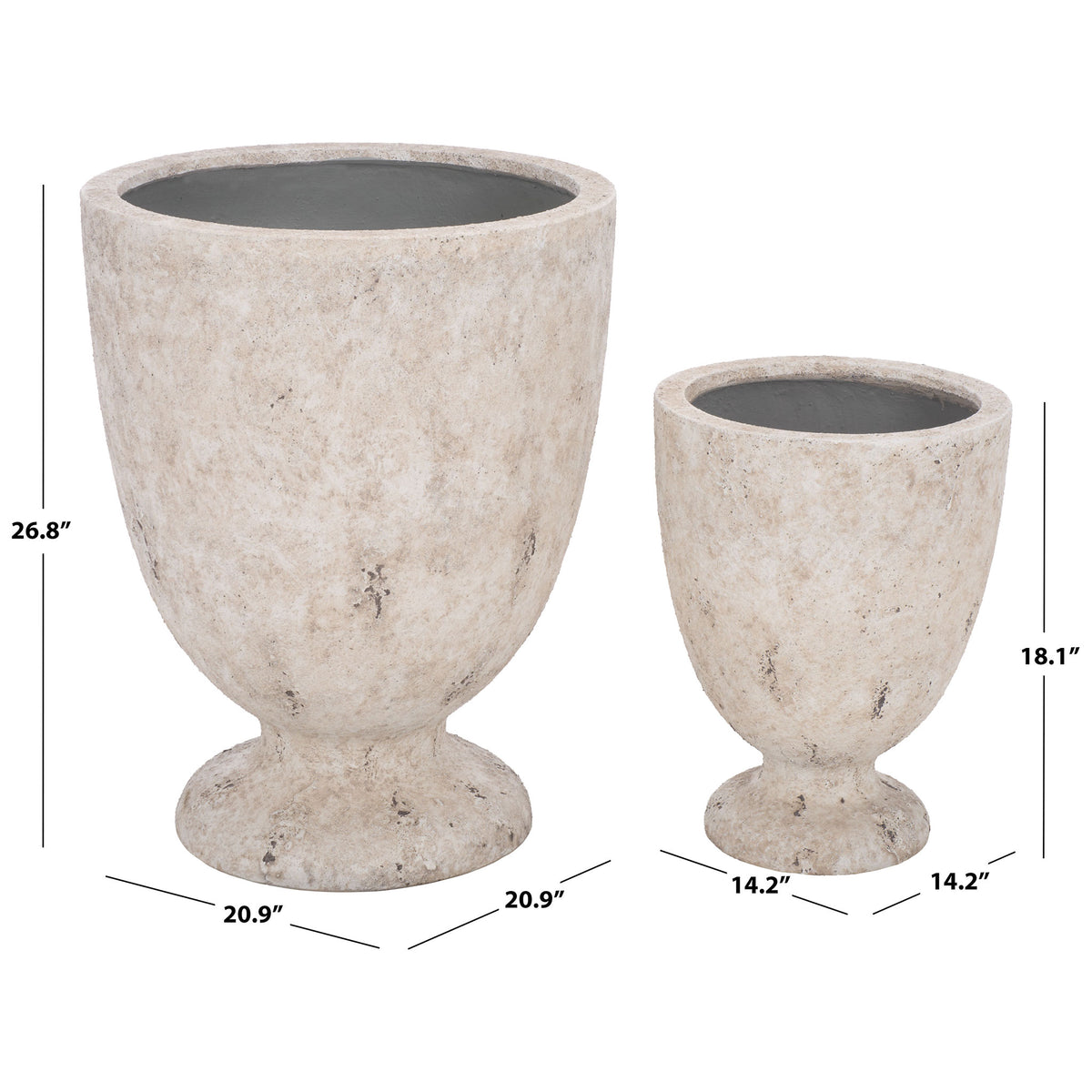 Antique white planters offer 14.2- and 20.9-inch widths and stand 18.1 and 26.8 inches tall. || PAT1549B || dimension_studio
