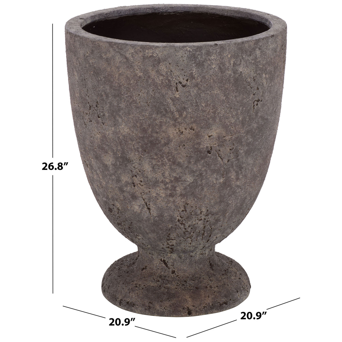The large antique brown planter measures 20.9 inches across and 26.8 inches tall.