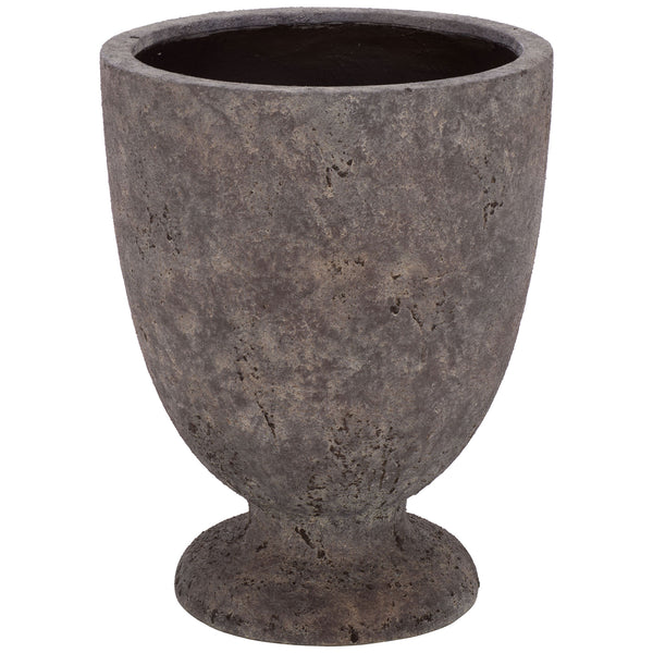 A generous rounded bowl rises from the pedestal of this large antique brown planter. || PAT1550A || front_studio