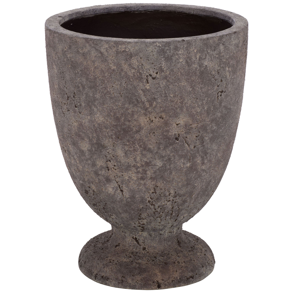 A generous rounded bowl rises from the pedestal of this large antique brown planter. || PAT1550A || front_studio
