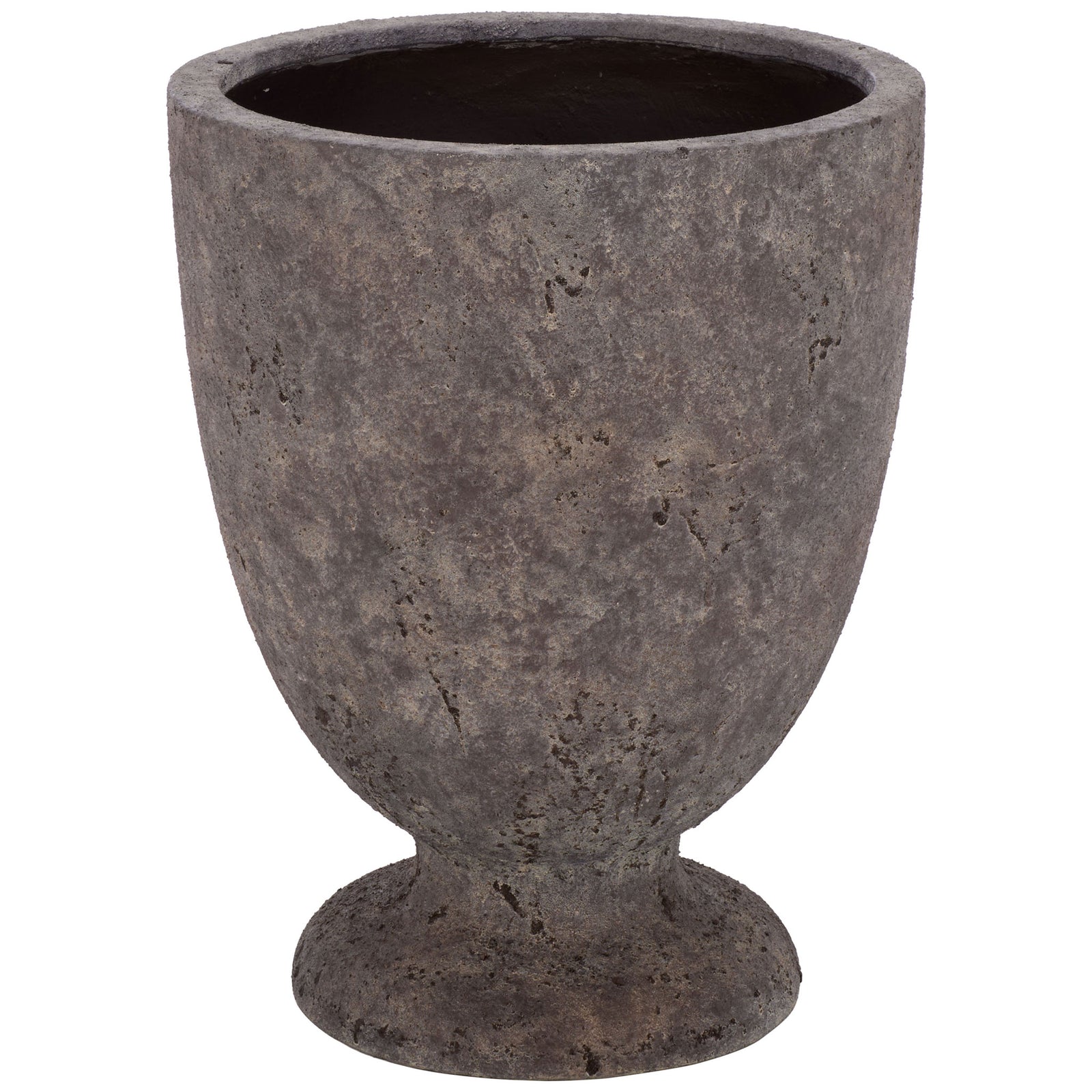A generous rounded bowl rises from the pedestal of this large antique brown planter. || PAT1550A || front_studio