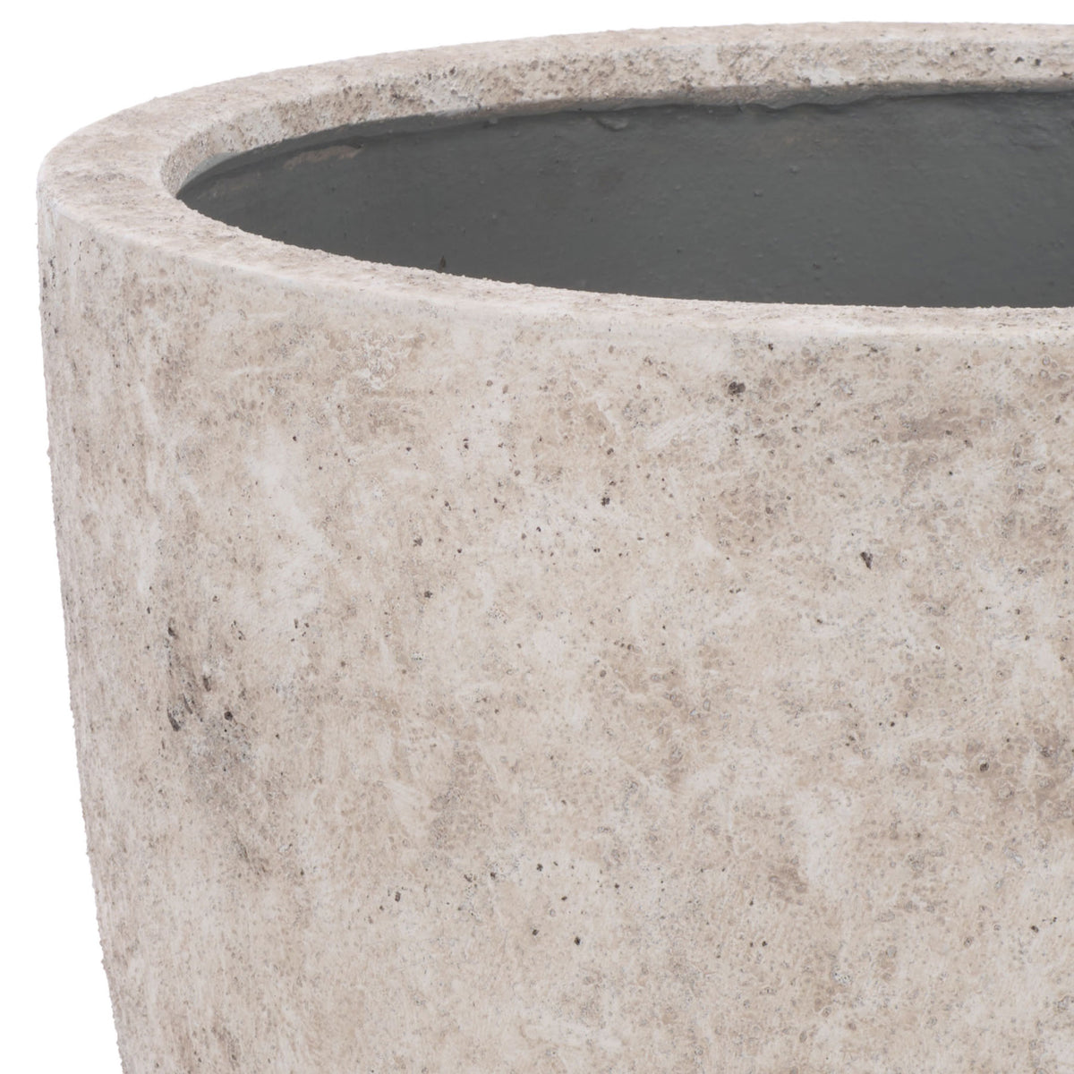 Soft antique white mottling covers the large planter's thick rim and curved upper bowl.