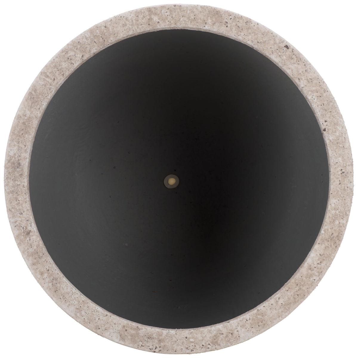 The large planter has a broad circular opening edged by a thick, speckled white rim. || PAT1550B || top_studio
