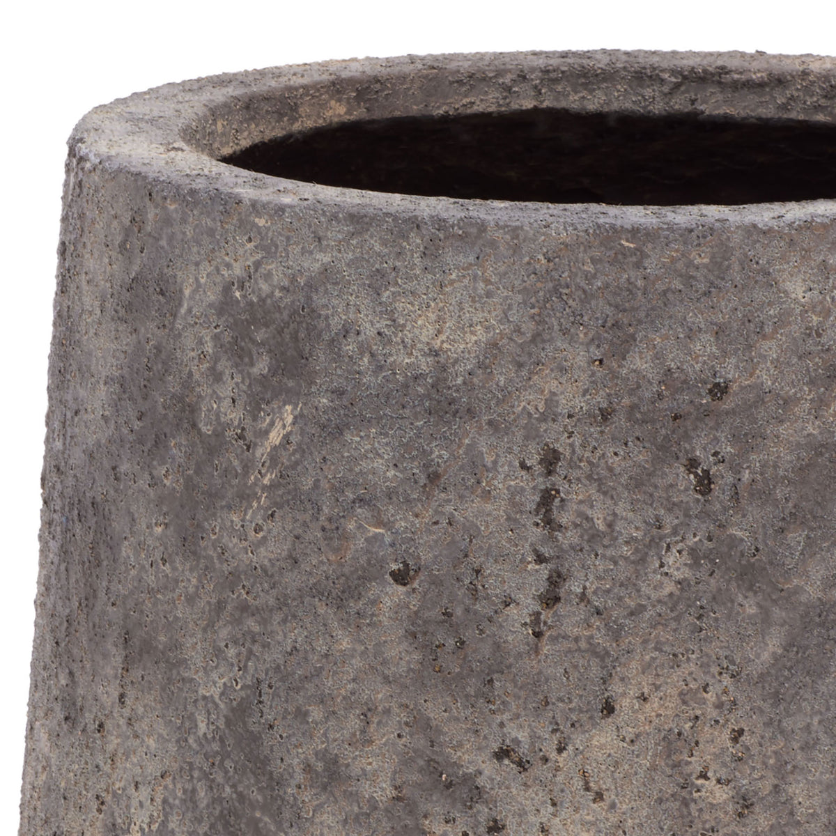 A thick, rounded rim frames the planter's dark opening above its weathered brown surface. || PAT1551A || detail_studio