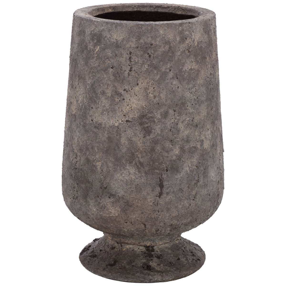 A footed antique brown planter combines a gently tapered body with a weathered stone-like finish. || PAT1551A || front_studio