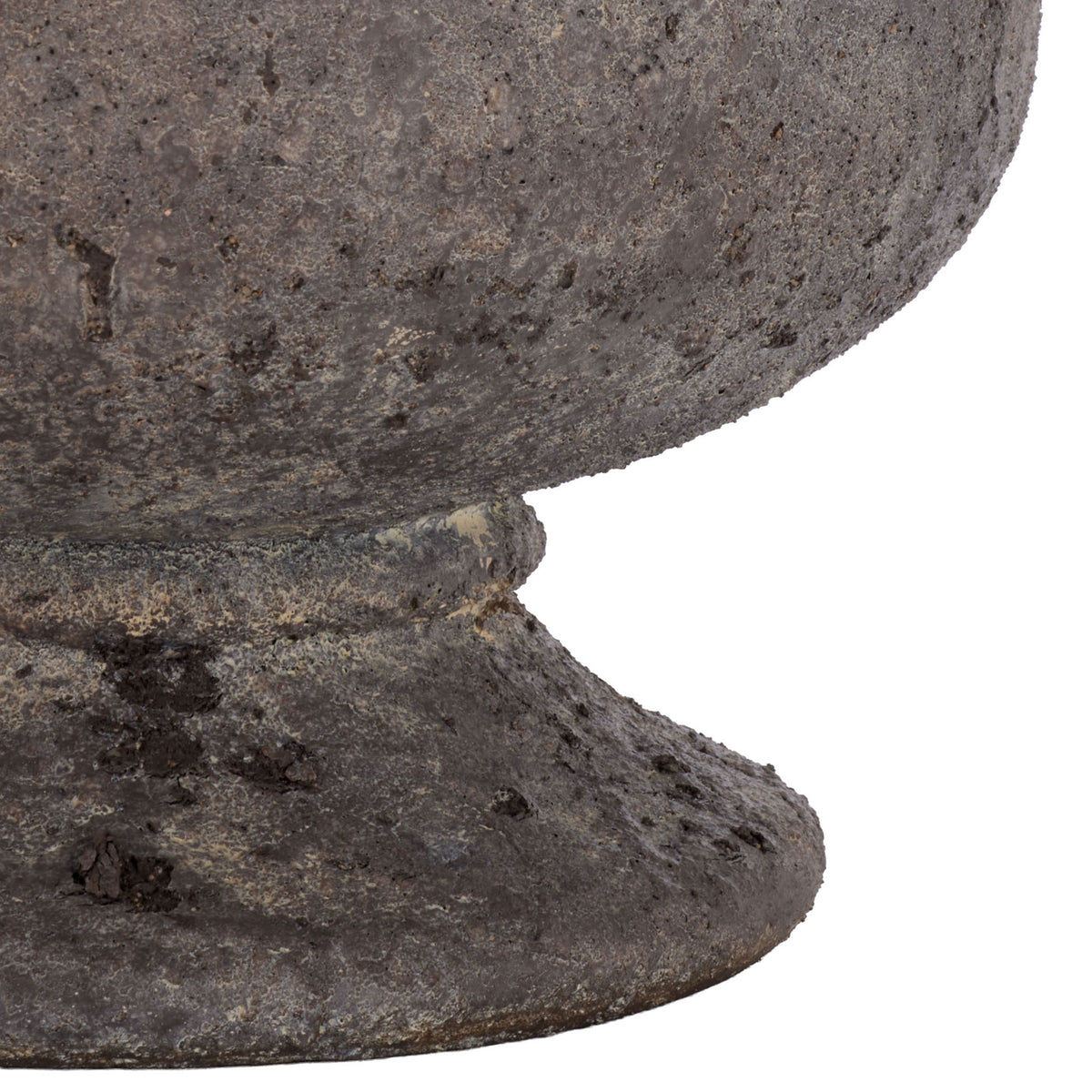 A flared pedestal supports the rounded planter body in a mottled antique brown finish.
