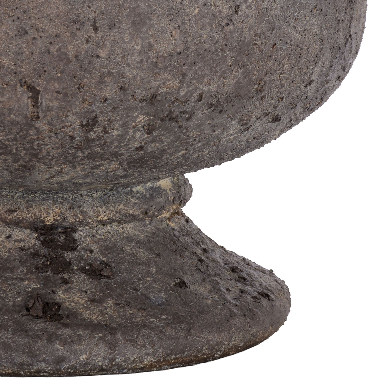 A flared pedestal supports the rounded planter body in a mottled antique brown finish. || PAT1551A || leg_studio