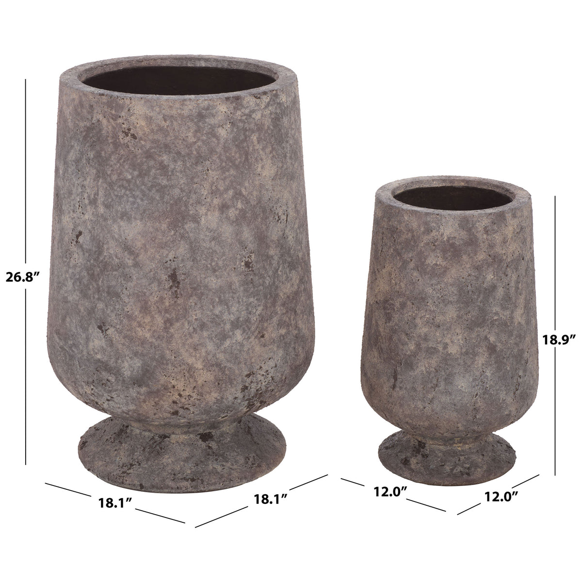 Two coordinated antique brown planters stand 18.9 and 26.8 inches tall on flared bases. || PAT1551A || dimension_studio