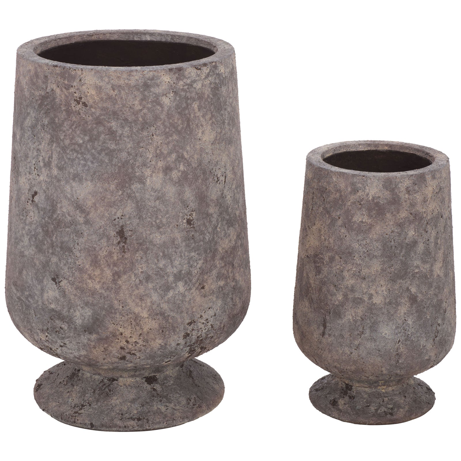 Two sizes of antique brown planters share softly tapered bodies and sculptural pedestal bases. || PAT1551A || front_series_studio