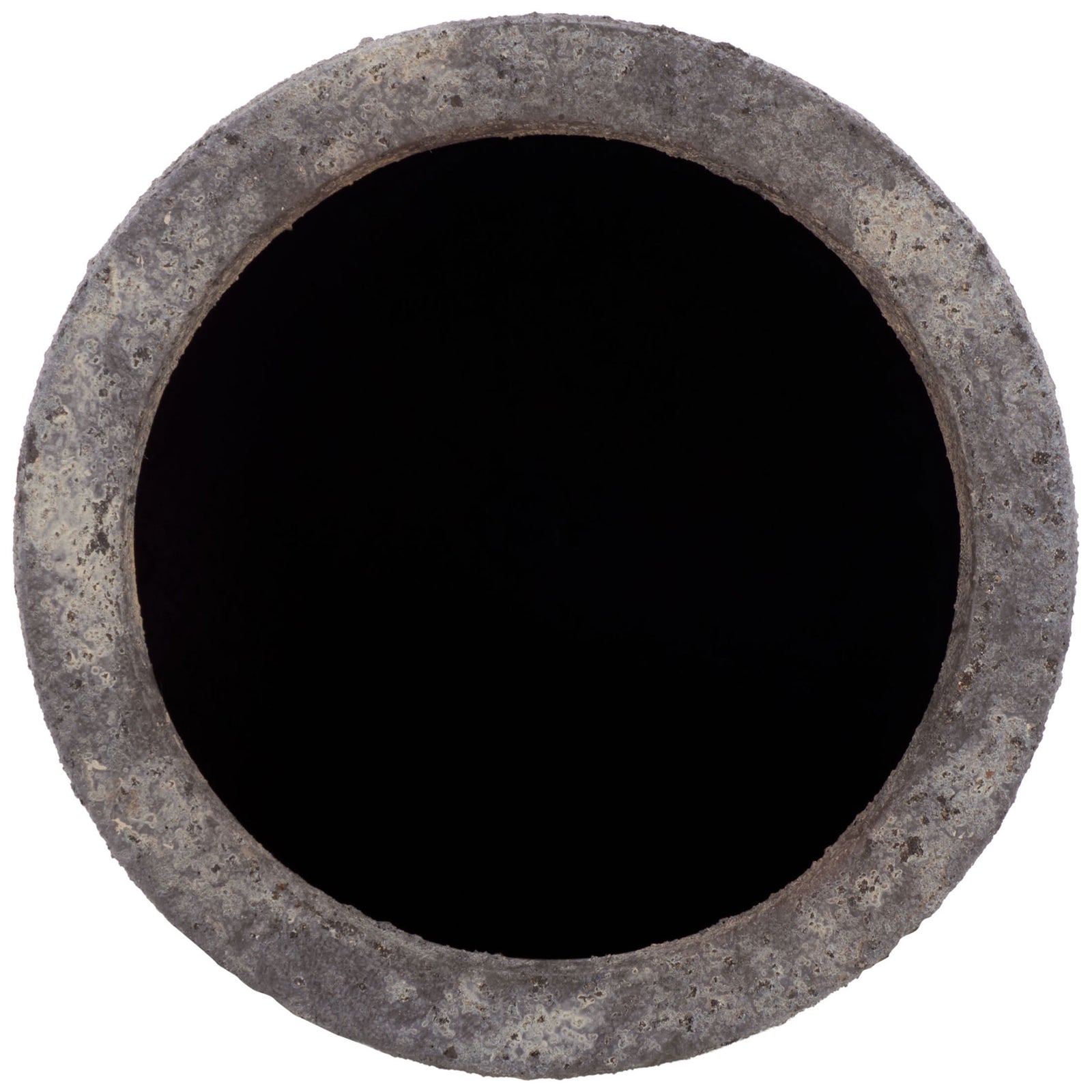 A thick, weathered brown rim encircles the planter's generous round opening. || PAT1551A || top_studio