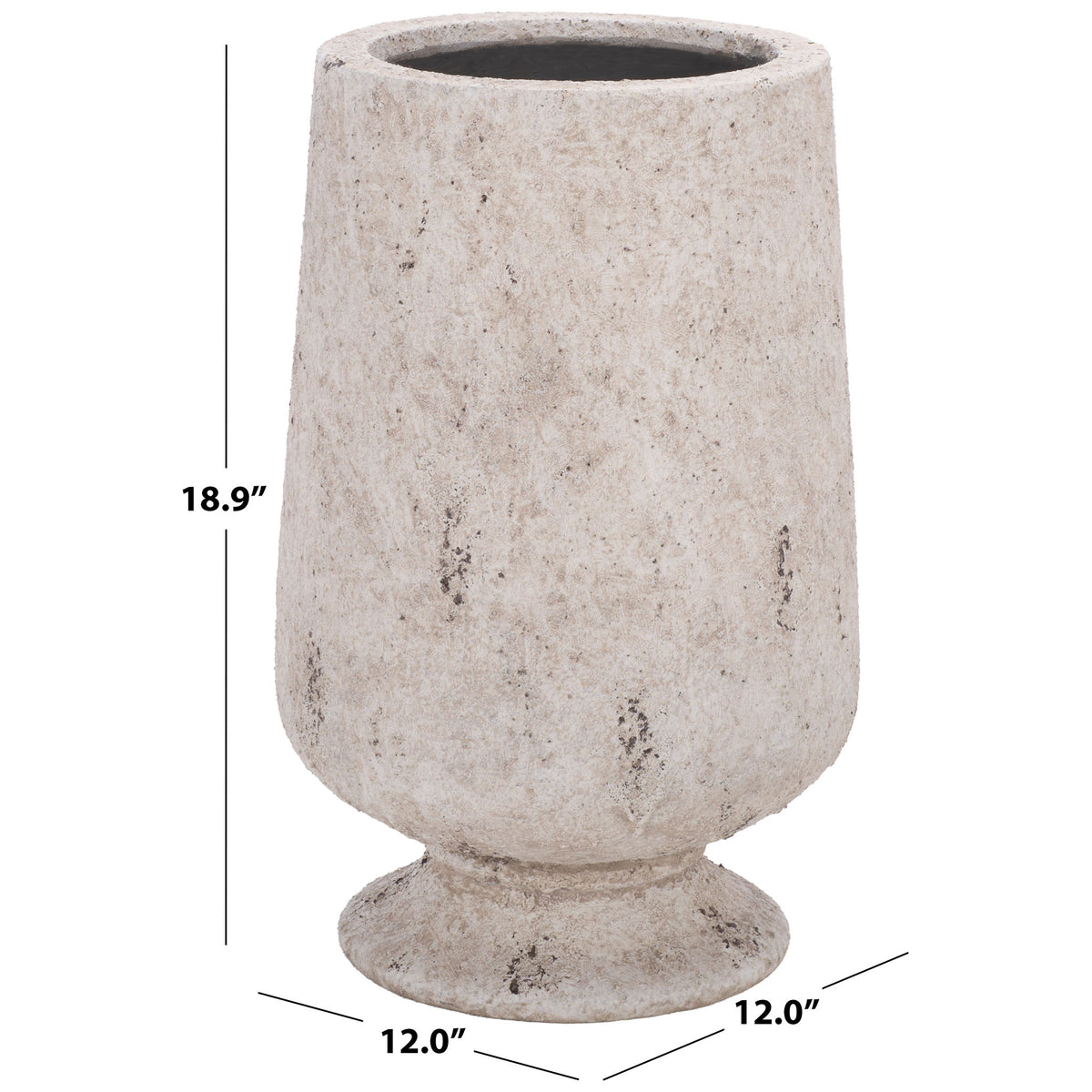 A footed antique white planter stands 18.9 inches tall and measures 12 inches across.