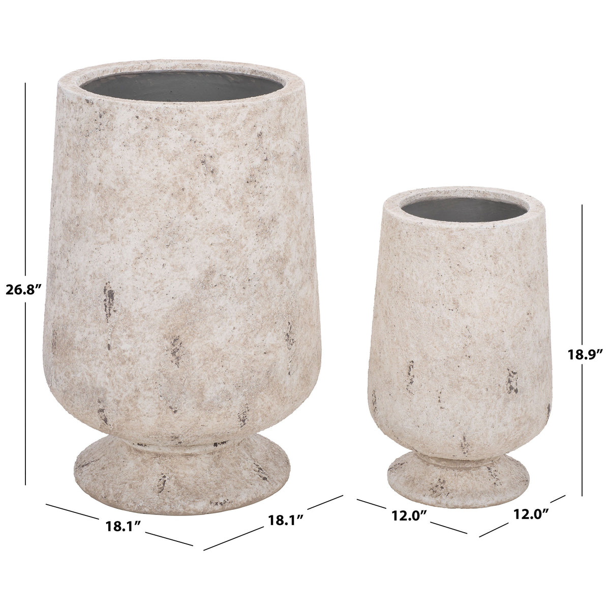 Two antique white planters stand 18.9 and 26.8 inches tall for a coordinated display. || PAT1551B || dimension_studio