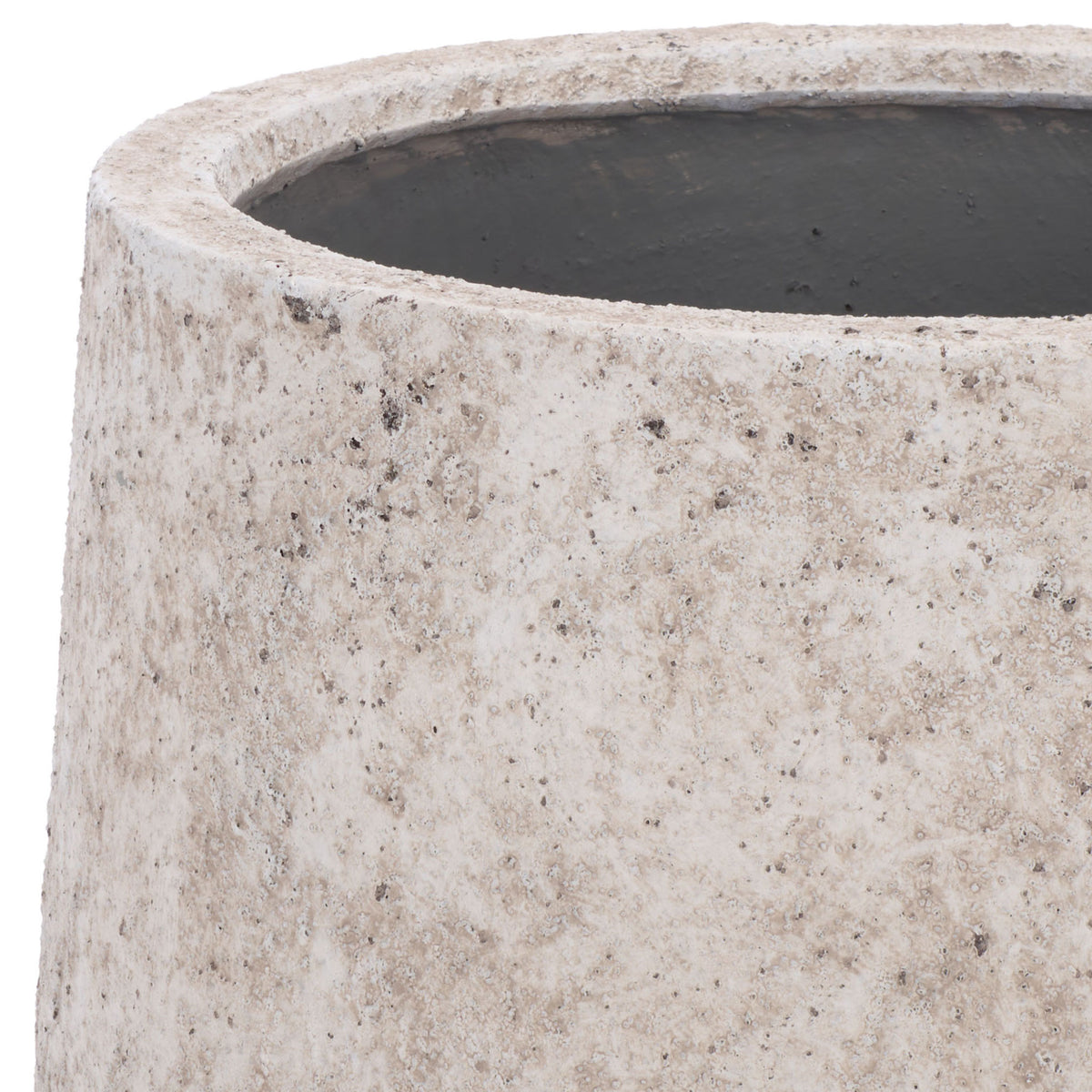 The large planter's thick rim has a weathered white finish surrounding a dark interior. || PAT1552B || detail_studio
