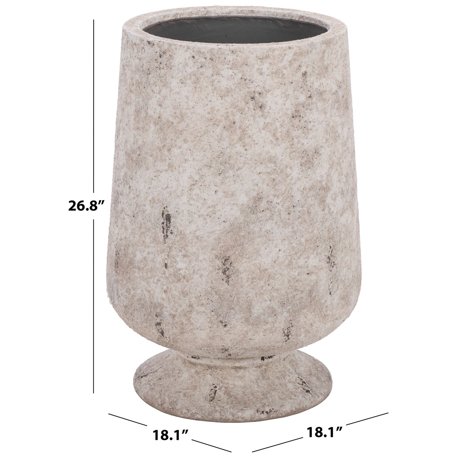 A large antique white planter stands 26.8 inches tall and measures 18.1 inches across. || PAT1552B || dimension_studio