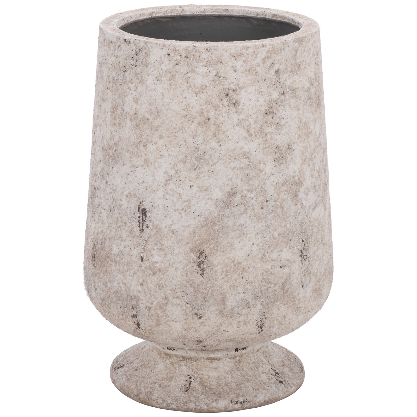 A large antique white planter balances a rounded, tapered body on a broad pedestal base. || PAT1552B || front_studio