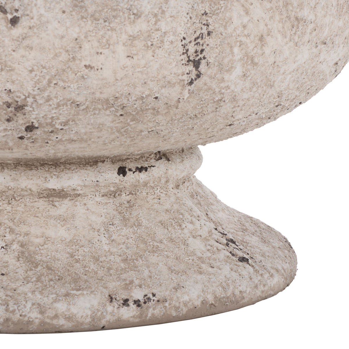 A broad, flared pedestal anchors the large planter's distressed antique white body. || PAT1552B || leg_studio