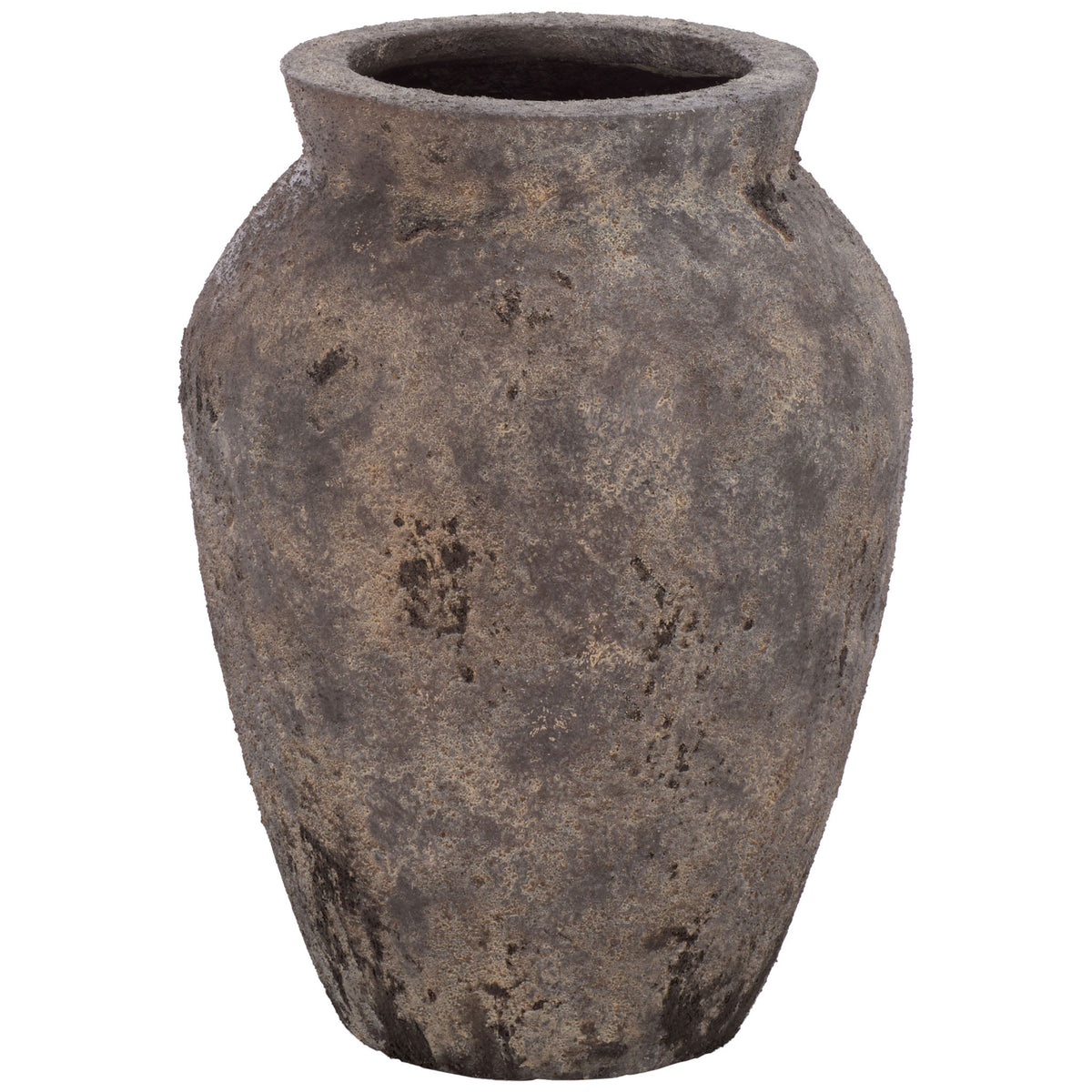 A rustic, urn-shaped planter pairs broad shoulders with a tapered base and an antique brown finish. || PAT1555A || front_studio
