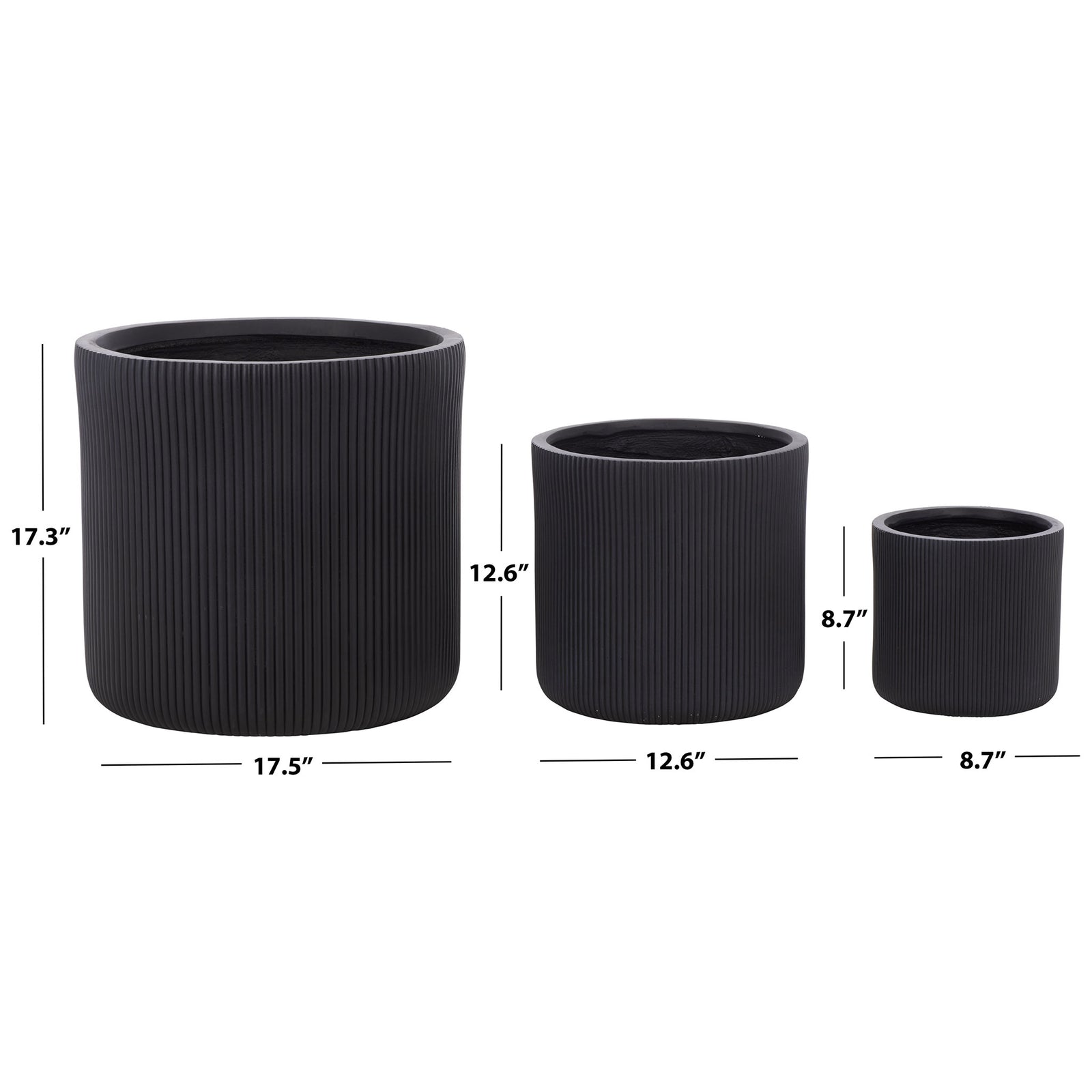 Black planters span three sizes, measuring 8.7, 12.6, and 17.5 inches across. || PAT4600A-SET3 || dimension_studio