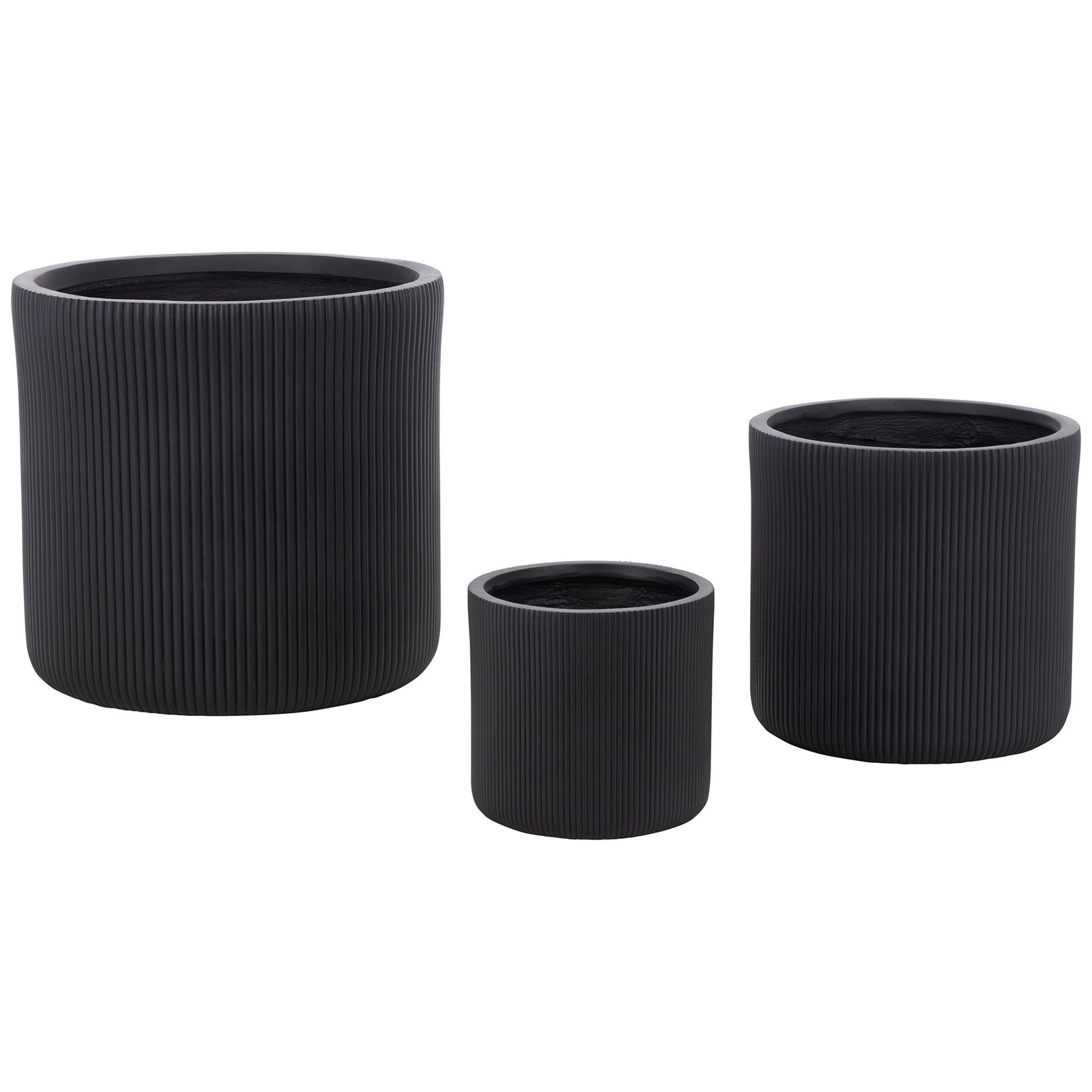 Three black fiber clay planters combine slender ribbing with modern, rounded shapes. || PAT4600A-SET3 || front_studio