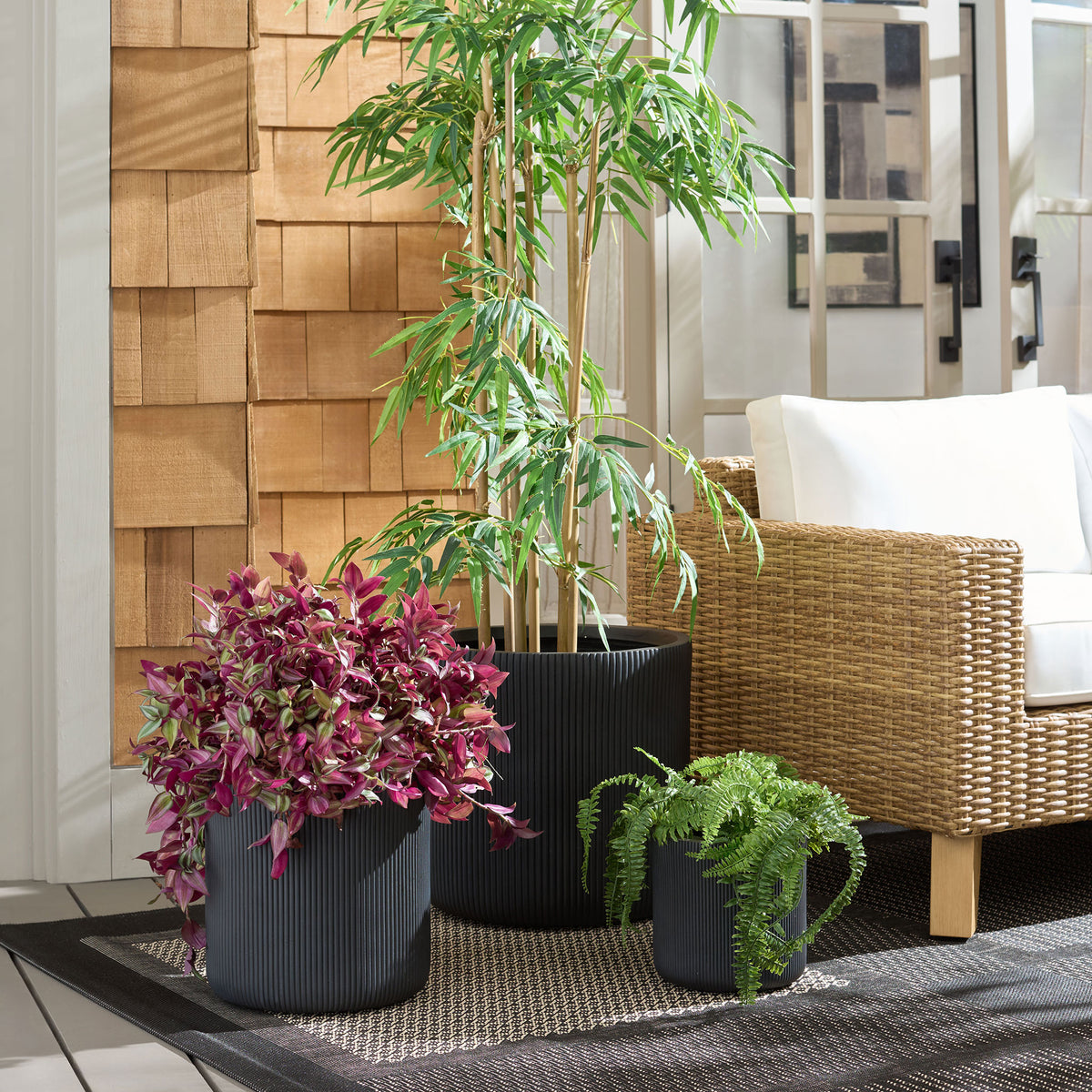 Black fluted planters frame colorful foliage beside woven outdoor seating.