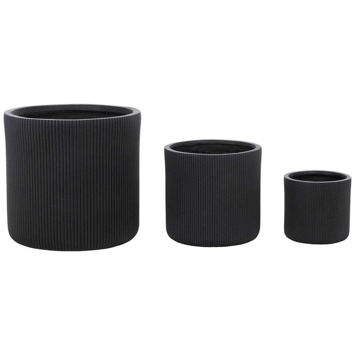 Three black planters step down in size, each with a rounded base and fine ribbing. || PAT4600A-SET3 || side_studio