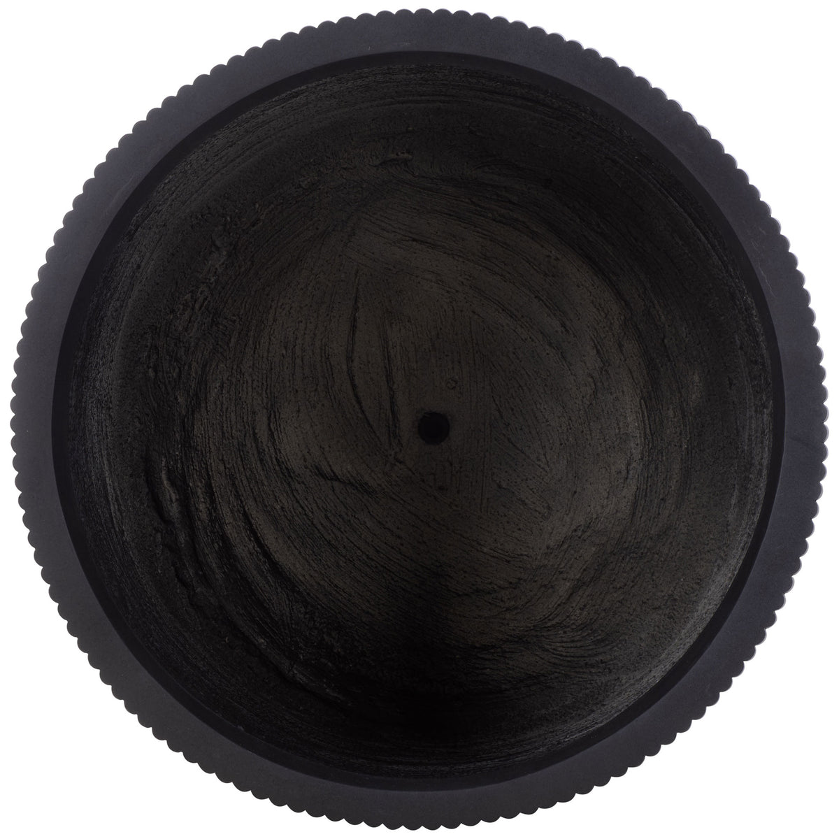 A circular black planter reveals a spacious interior with a central drainage hole. || PAT4600A-SET3 || top_partial_studio