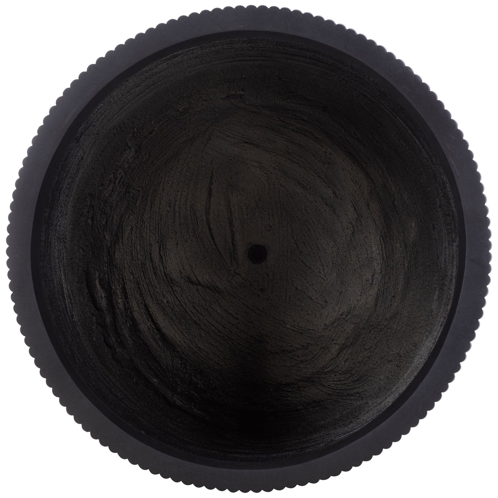 A circular black planter reveals a spacious interior with a central drainage hole. || PAT4600A-SET3 || top_partial_studio