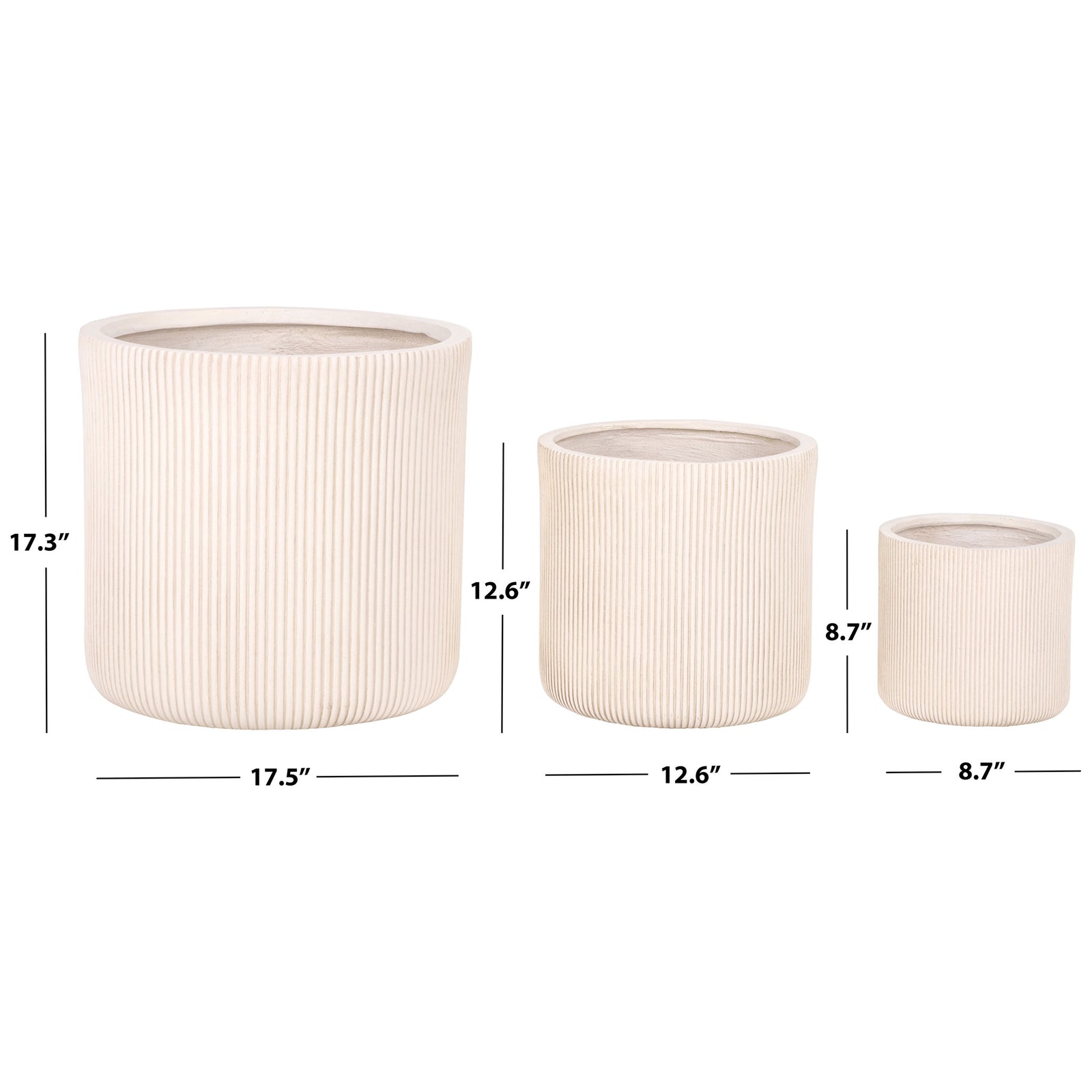 Beige planters in three sizes measure 8.7, 12.6, and 17.5 inches across. || PAT4600B-SET3 || dimension_studio