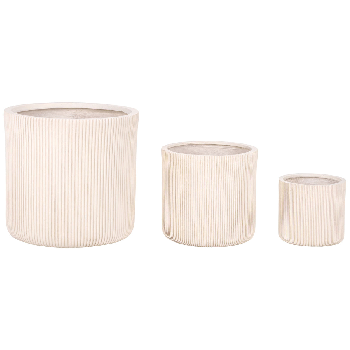 A trio of beige planters steps down in size, with fluting from rim to base. || PAT4600B-SET3 || side_studio