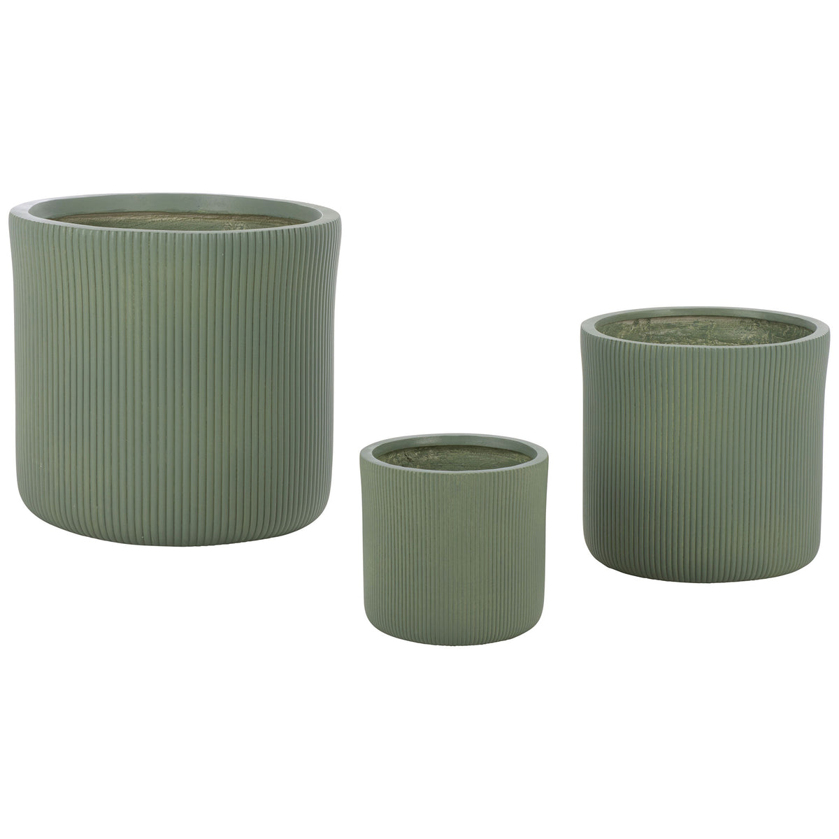 Three green fiber clay planters pair a muted hue with vertical ridges and rounded bases. || PAT4600C-SET3 || front_studio