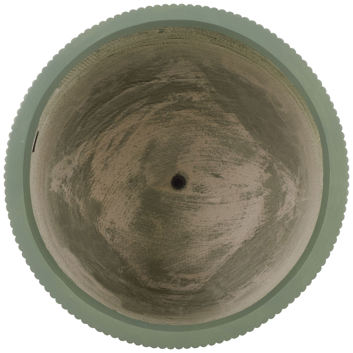 The green planter's broad opening reveals a textured interior and a central drain hole. || PAT4600C-SET3 || top_partial_studio