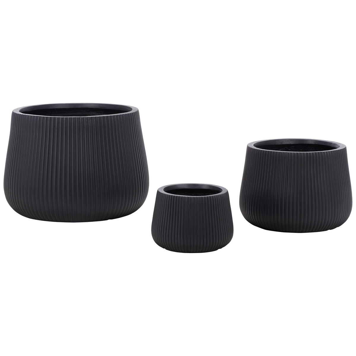 Three black fiber-clay planters bring bold contrast and sculptural fluting to outdoor greenery || PAT4601A-SET3 || front_studio