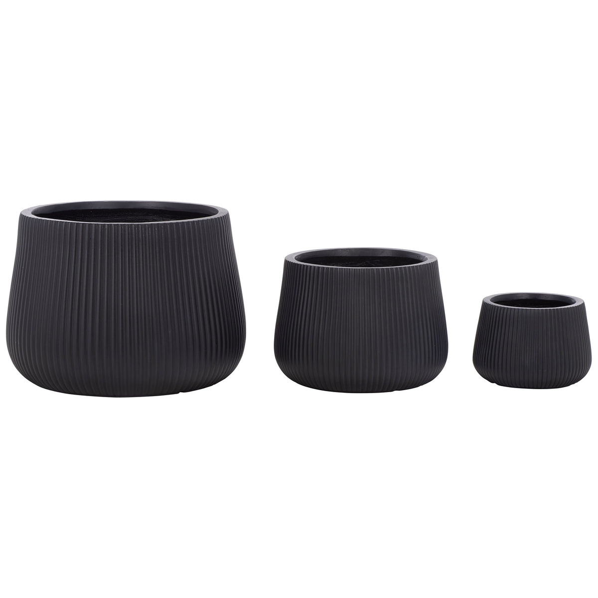 Graduated black planters combine softly rounded shapes with finely grooved sides || PAT4601A-SET3 || side_studio