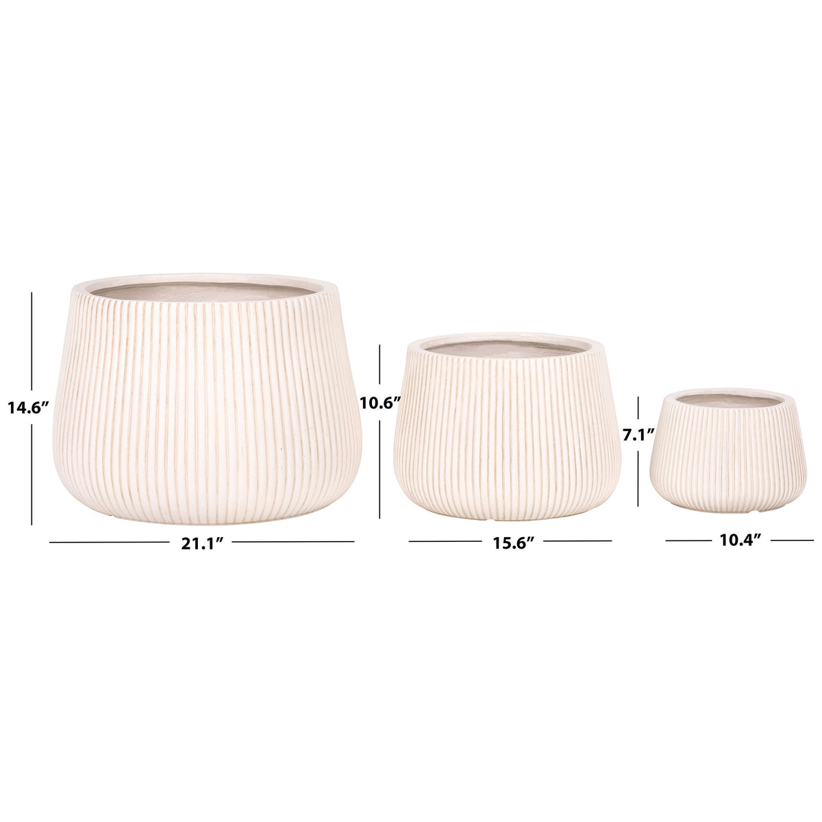 Three beige ribbed planters measure 10.4, 15.6, and 21.1 inches wide for flexible planting || PAT4601B-SET3 || dimension_studio