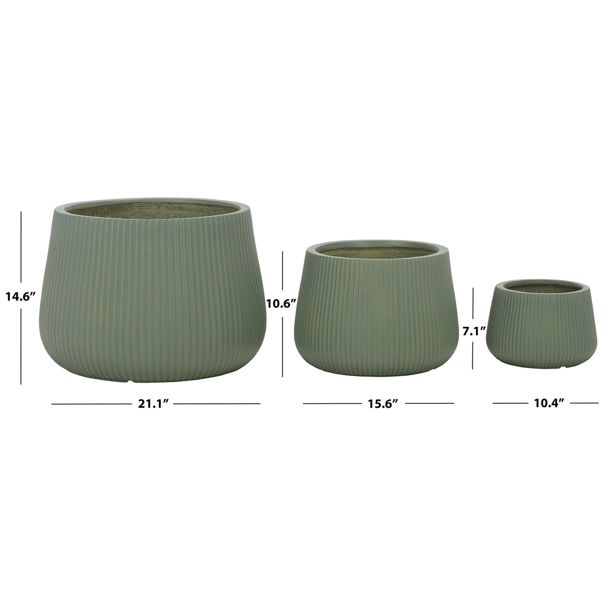 Three green ribbed planters measure 10.4, 15.6, and 21.1 inches wide to suit varied plants || PAT4601C-SET3 || dimension_studio