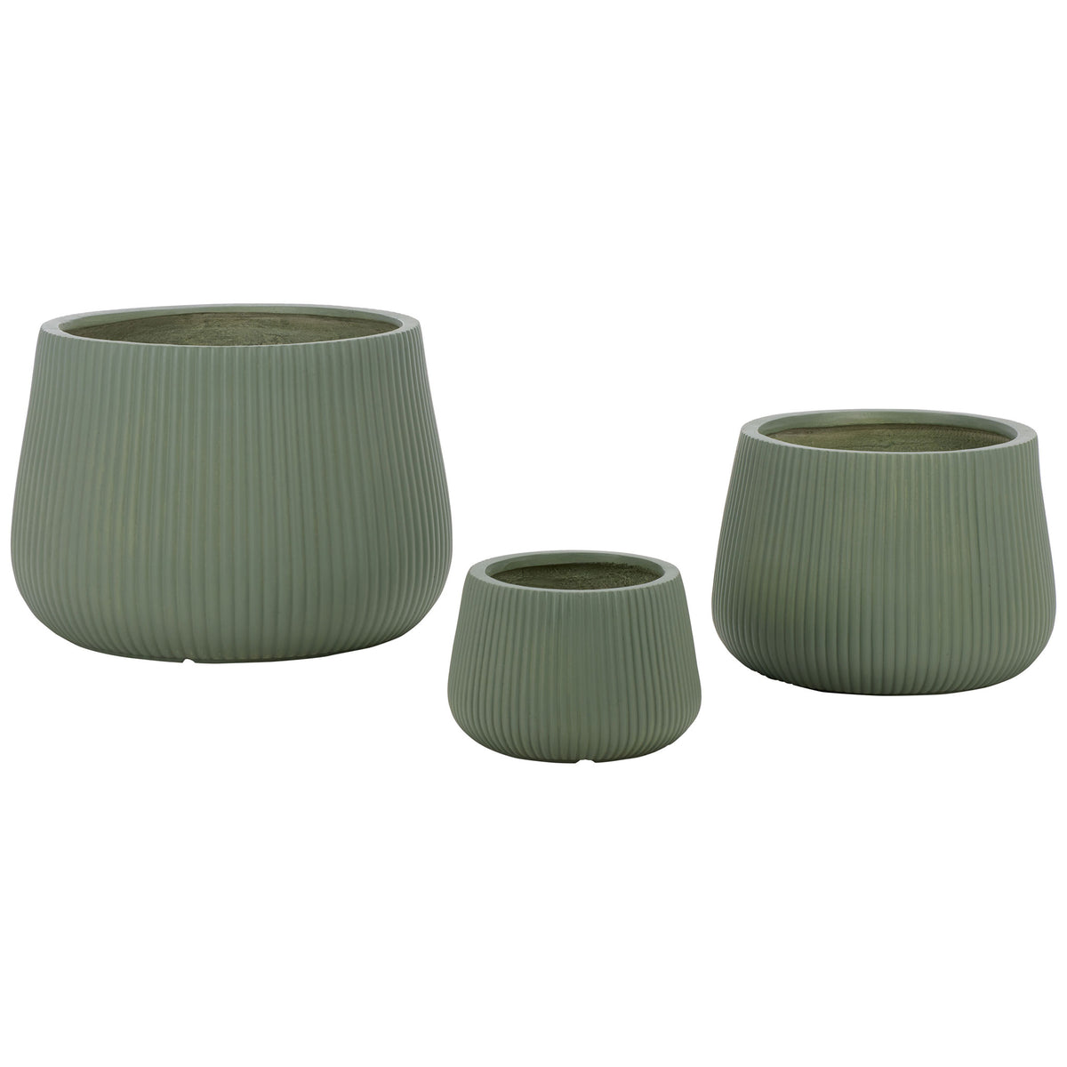 Three sage green planters blend rounded forms and fine ribbing for a calming garden accent || PAT4601C-SET3 || front_studio