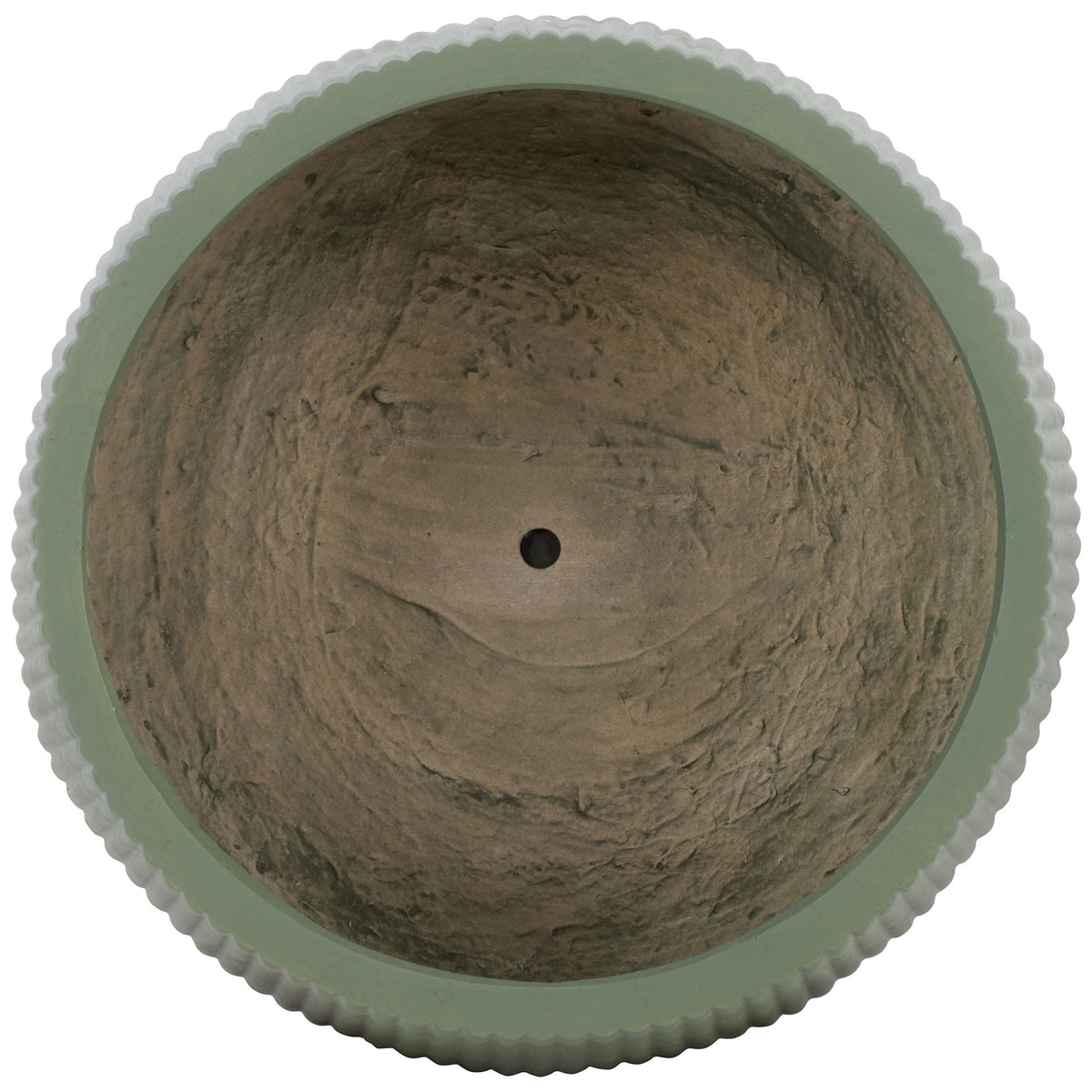 A sage green fluted rim surrounds a roomy interior with a central drainage hole || PAT4601C-SET3 || top_partial_studio