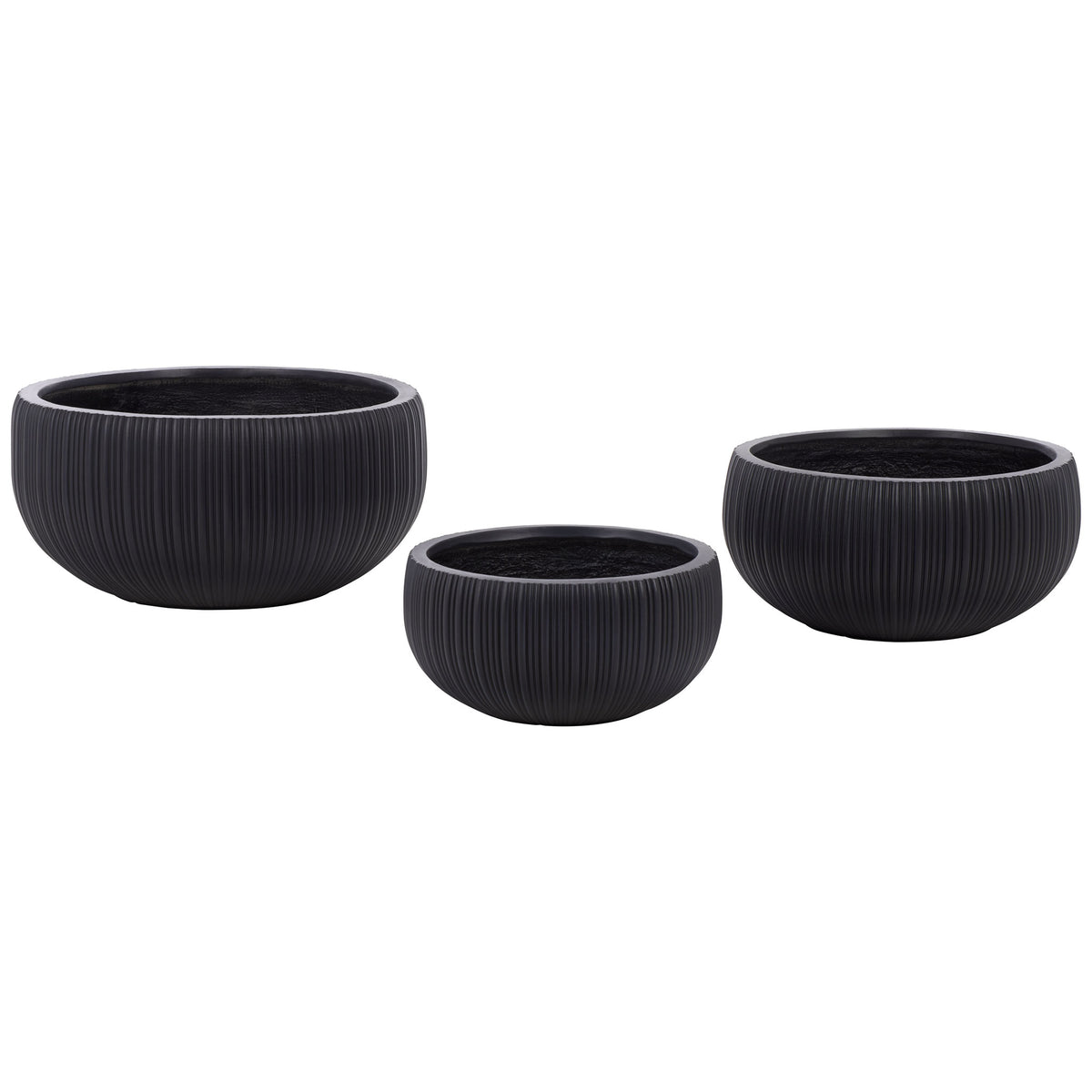 Three black fiber clay planters combine wide openings with striking ribbed exteriors. || PAT4602A-SET3 || front_studio