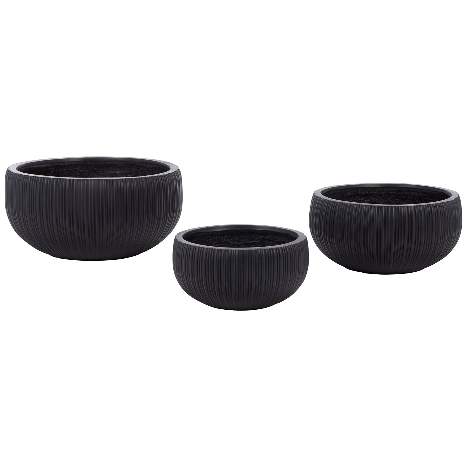 Three black fiber clay planters combine wide openings with striking ribbed exteriors. || PAT4602A-SET3 || front_studio