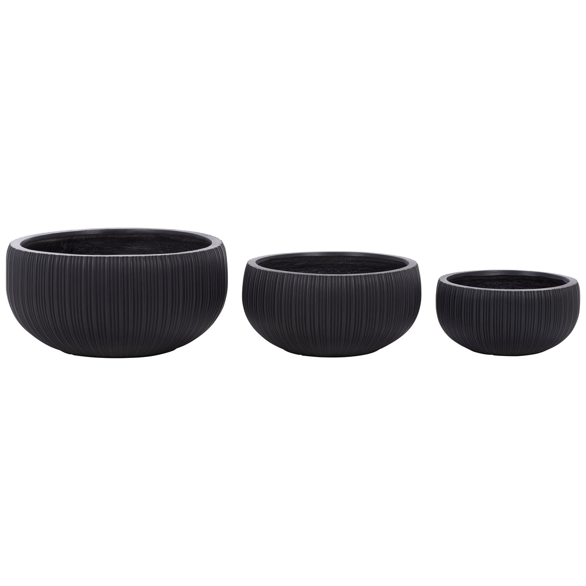 Graduated black bowl planters pair open tops with low, sculptural silhouettes. || PAT4602A-SET3 || side_studio